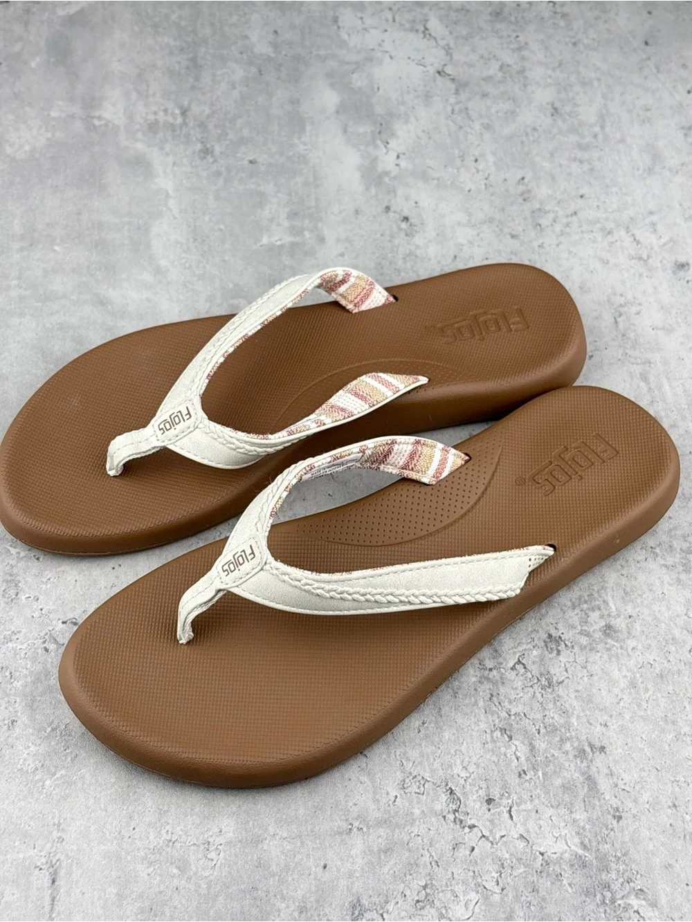 Flojos Brown Footbed White Straps Striped Accent Flip Flops